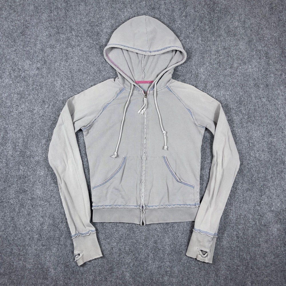 Y2K Delia Zip Up Hoodie Womens Small Grey Contrast Stitch Distressed